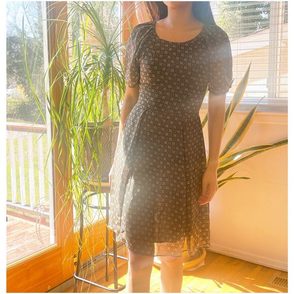 Pinkyotto Fit and Flare Chiffon Peasant Geometric Pattern Print Dress Green XS - Picture 4 of 11